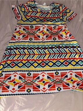 LuLaRoe Short Sleeve Aztec Print Dress in White, Red, Yellow, Teal, Navy